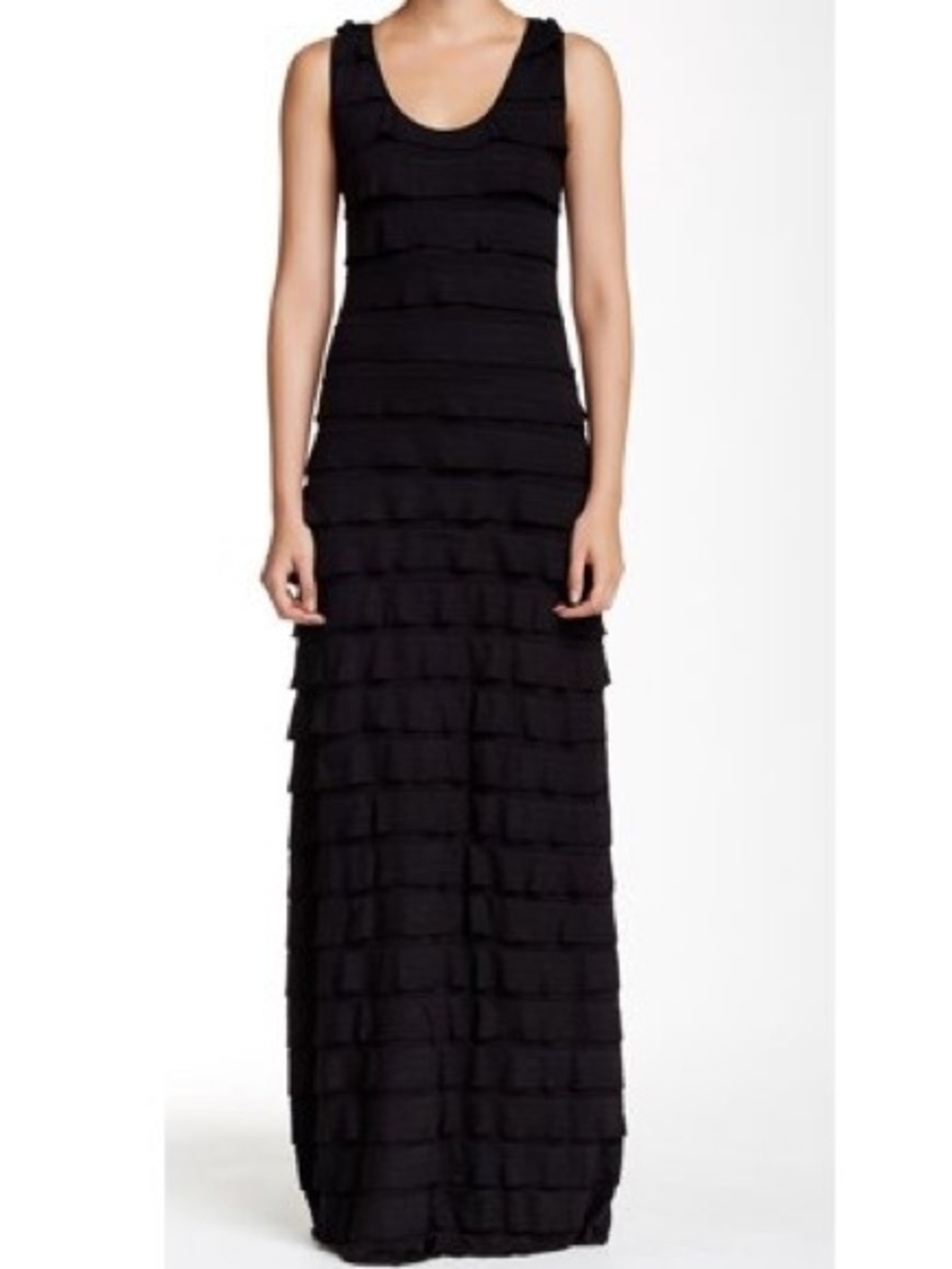 Max Studio Black Ruffle-Tier Scoop Neck Maxi Dress